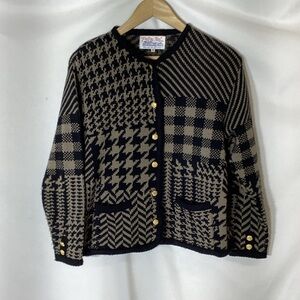 Tally Ho Vintage Houndstooth Striped Patchwork Cardigan Size Small